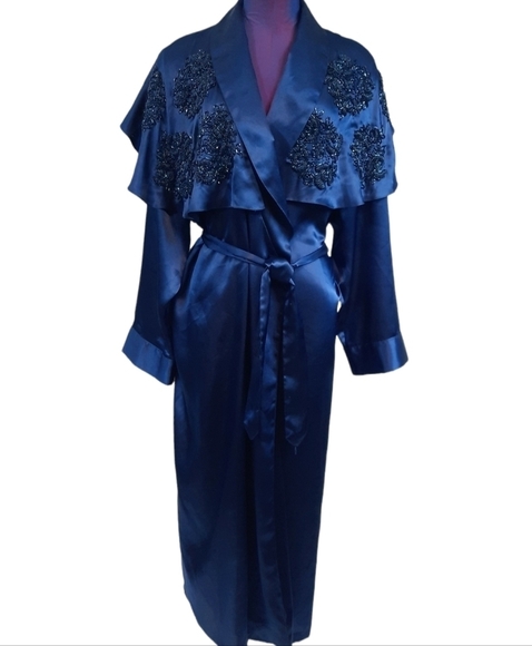 Vintage Victoria's Secret Navy Satin‎ Iridescent Beaded Robe Size M/L Women's - Picture 1 of 15